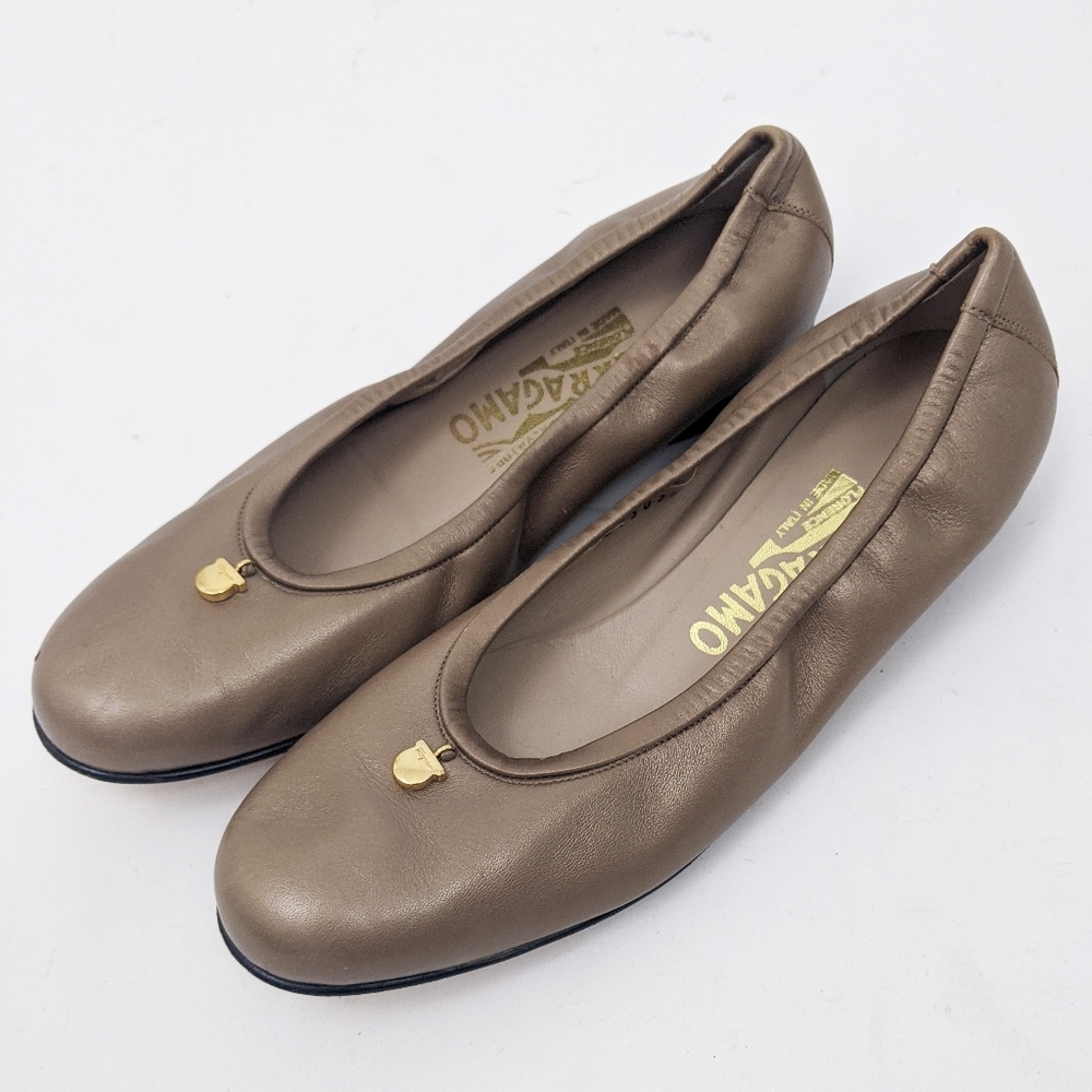 Salvatore Ferragamo Taupe Flats with Gold Accent